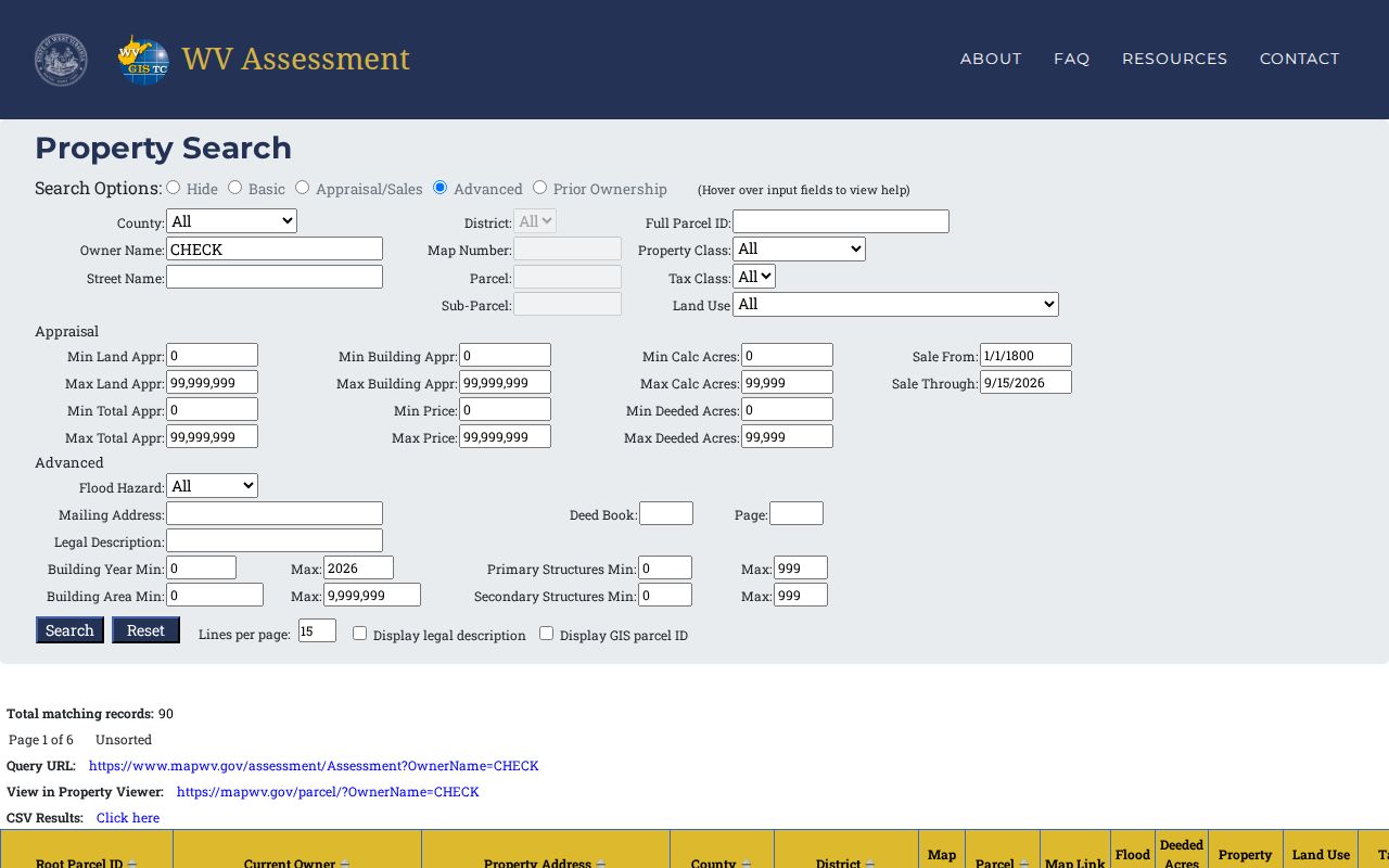 Sample statewide assessment result with owner, address, parcel, and appraisal fields